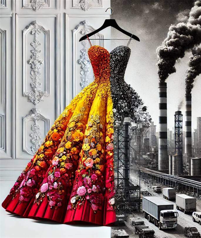 Vibrant strapless ball gown on a hanger, gradient from yellow to red with floral embellishments, set beside an ornate wall.