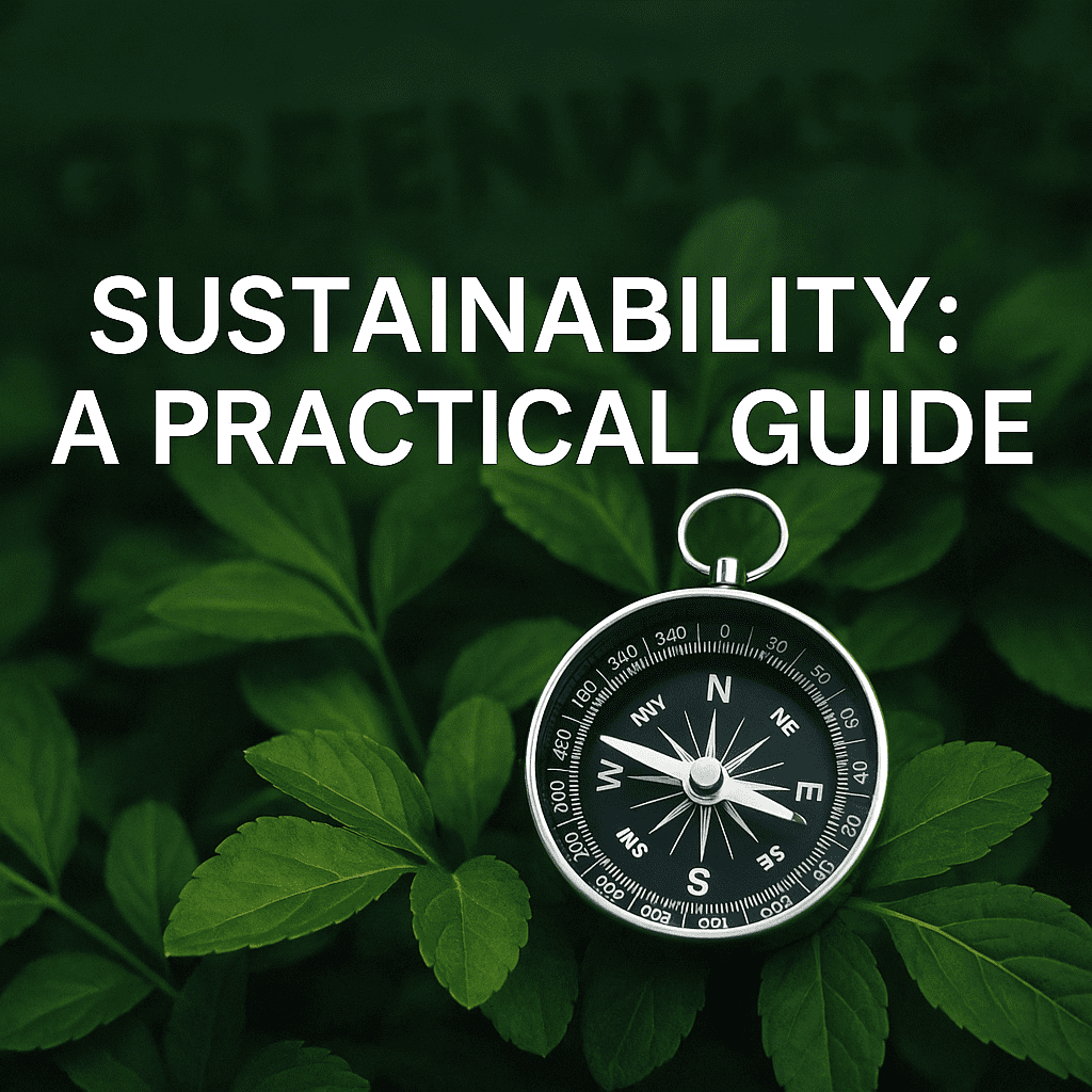 Compass on green leaves with the title 'Sustainability: A Practical Guide' in bold white text, conveying a practical sustainability guide.