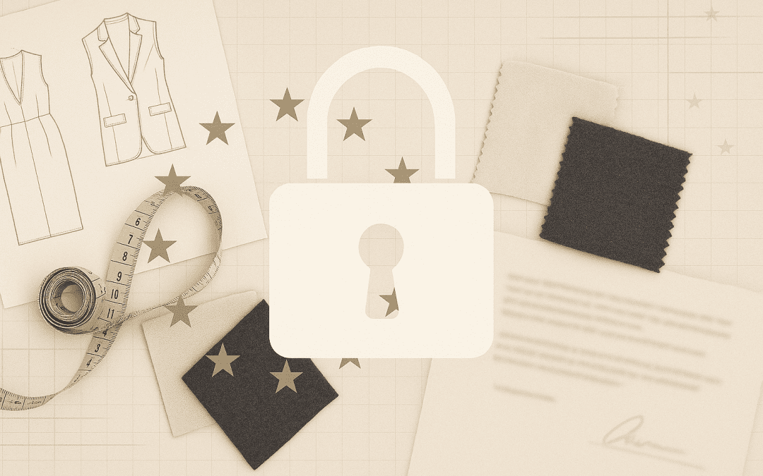 Flat lay of fashion design items—patterns, fabric swatches, and a central padlock symbolizing security in design work.