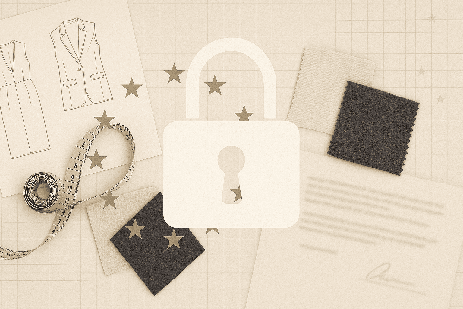 Flat lay of fashion design items—patterns, fabric swatches, and a central padlock symbolizing security in design work.