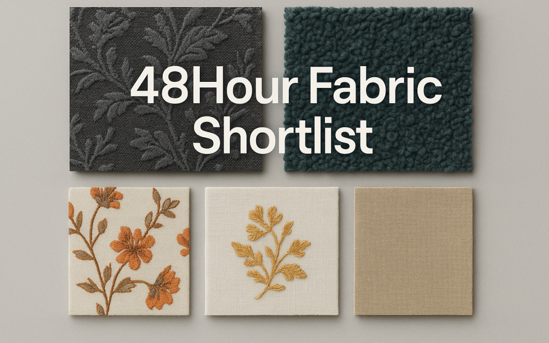 Six fabric swatches arranged in two rows (dark textured, teal boucle on top; embroidered and plain samples on bottom) with '48Hour Fabric Shortlist' text overlay.