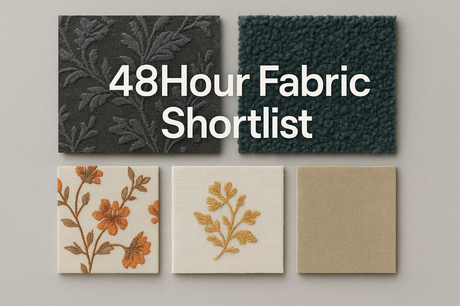Six fabric swatches arranged in two rows (dark textured, teal boucle on top; embroidered and plain samples on bottom) with '48Hour Fabric Shortlist' text overlay.