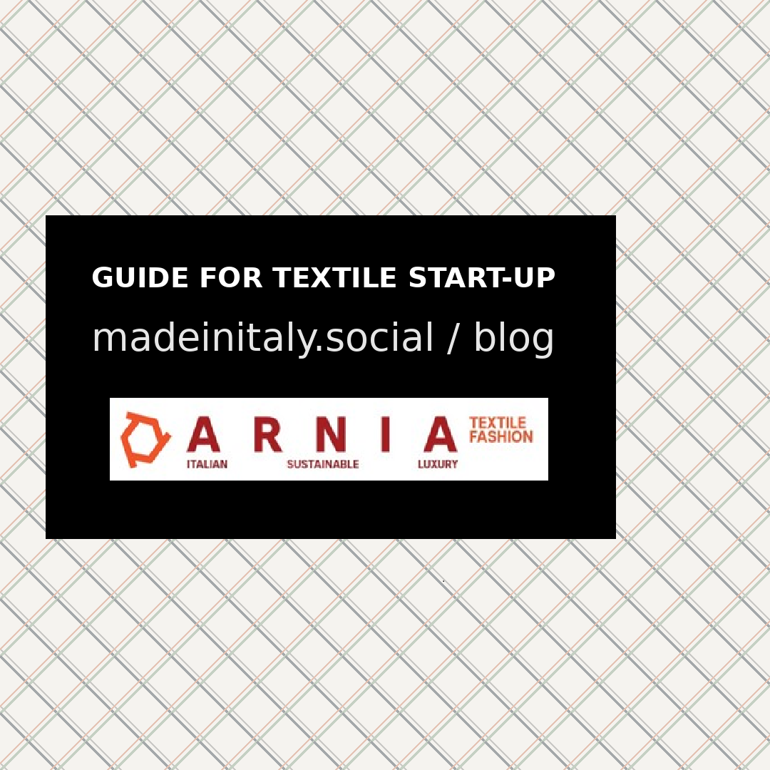 Black banner with the title 'GUIDE FOR TEXTILE START-UP' and subtitle 'madeinitaly.social / blog' above a white ARNIA textile fashion logo strip.
