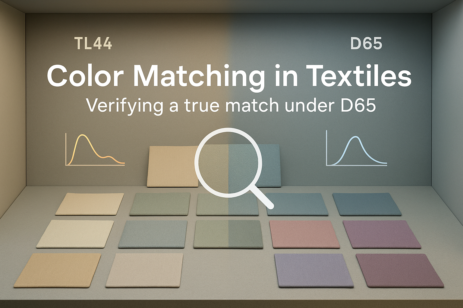 Textile color-matching display: grid of fabric swatches with a magnifying glass over the center.