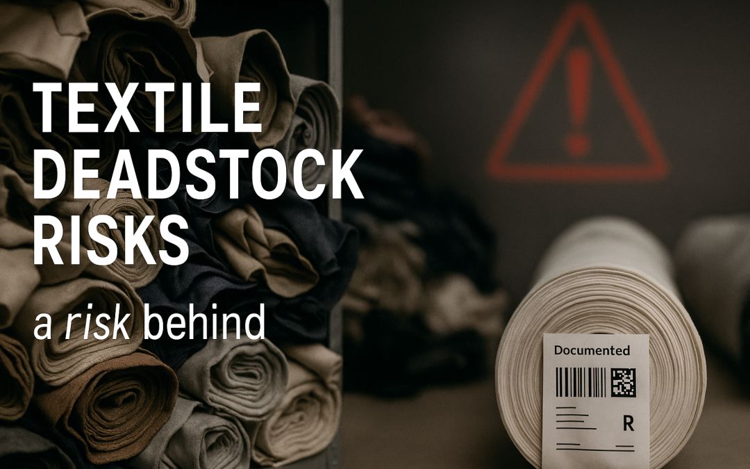 Warehouse scene with stacked fabric rolls and a foreground roll labeled 'Documented'; bold text reads 'TEXTILE DEADSTOCK RISKS' to convey risk messaging.