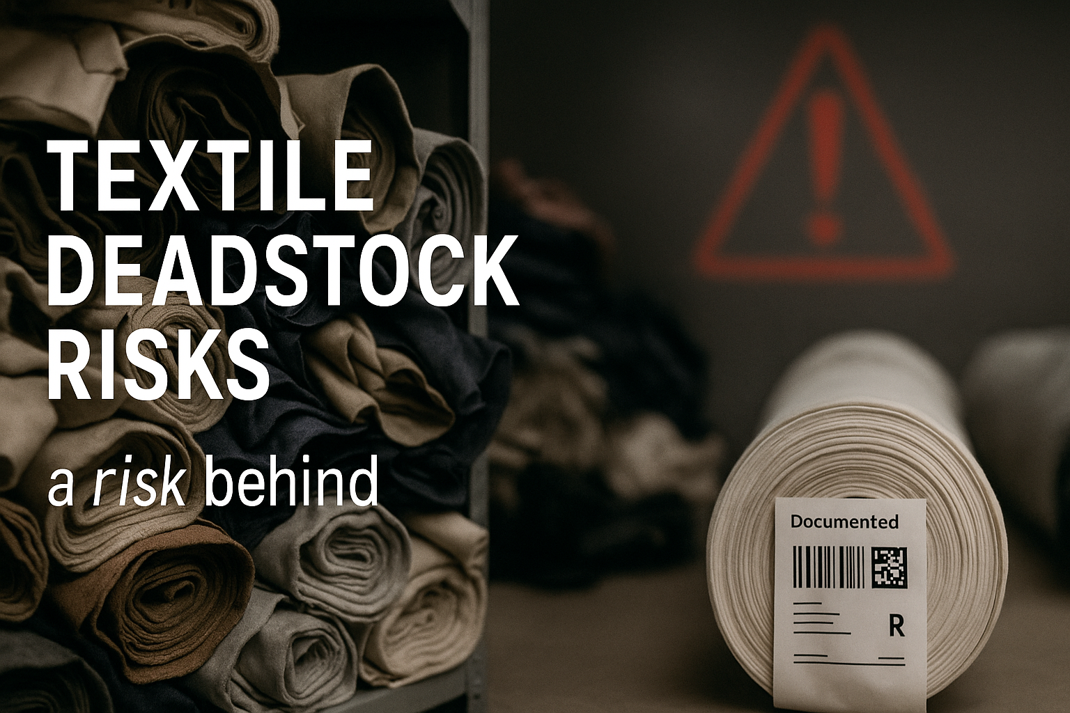Warehouse scene with stacked fabric rolls and a foreground roll labeled 'Documented'; bold text reads 'TEXTILE DEADSTOCK RISKS' to convey risk messaging.