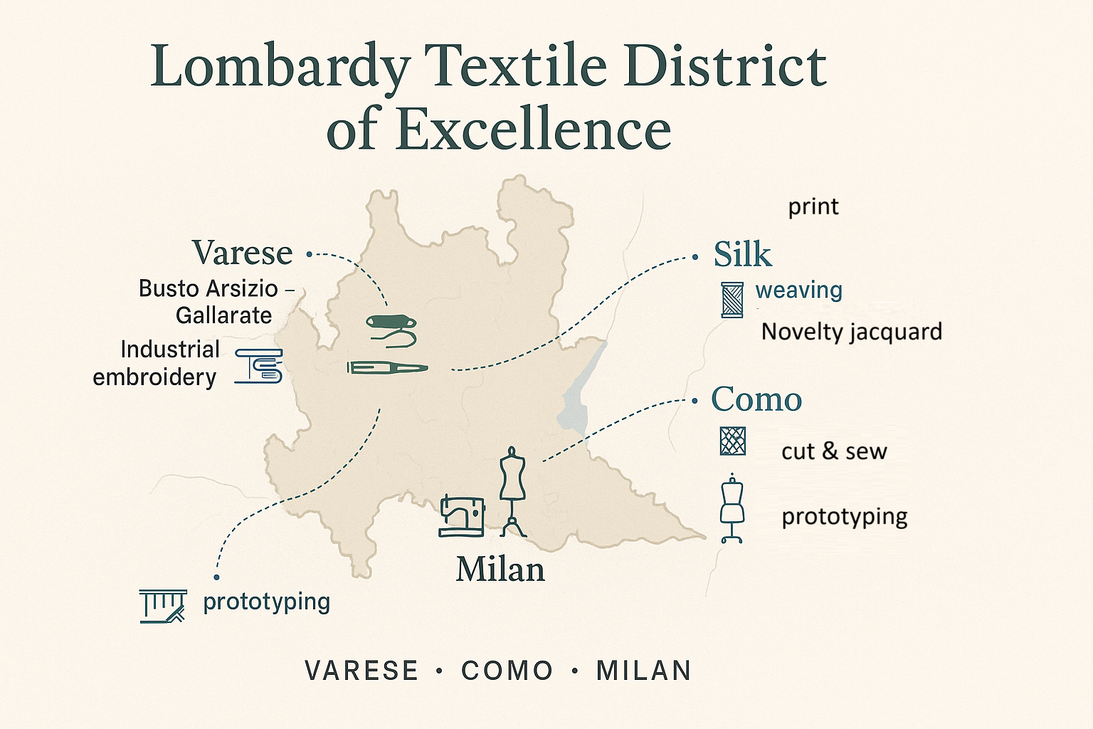 Map of Lombardy's textile district highlighting Varese, Como, and Milan with icons for embroidery, prototyping, and silk weaving (informational)