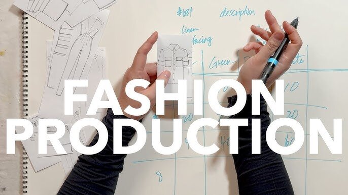 Fashion design in progress: hands sketching on a whiteboard with notes and diagrams, overlaid by bold 'FASHION PRODUCTION' text.