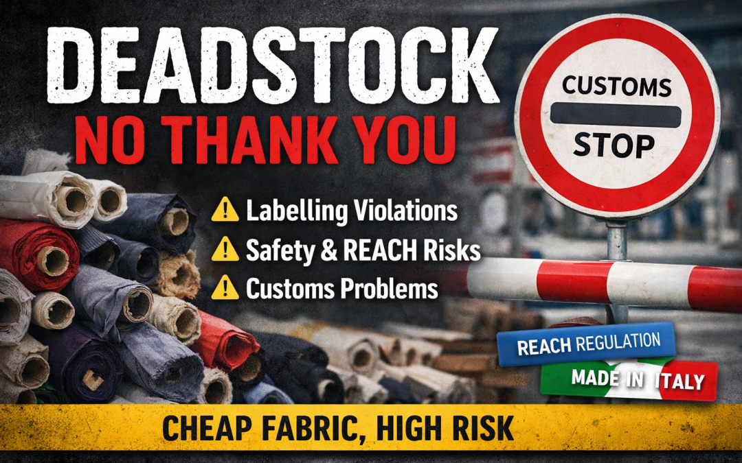 Warning poster about deadstock fabric: rolls of fabric, a red customs stop sign, and bullet points on violations and safety risks.
