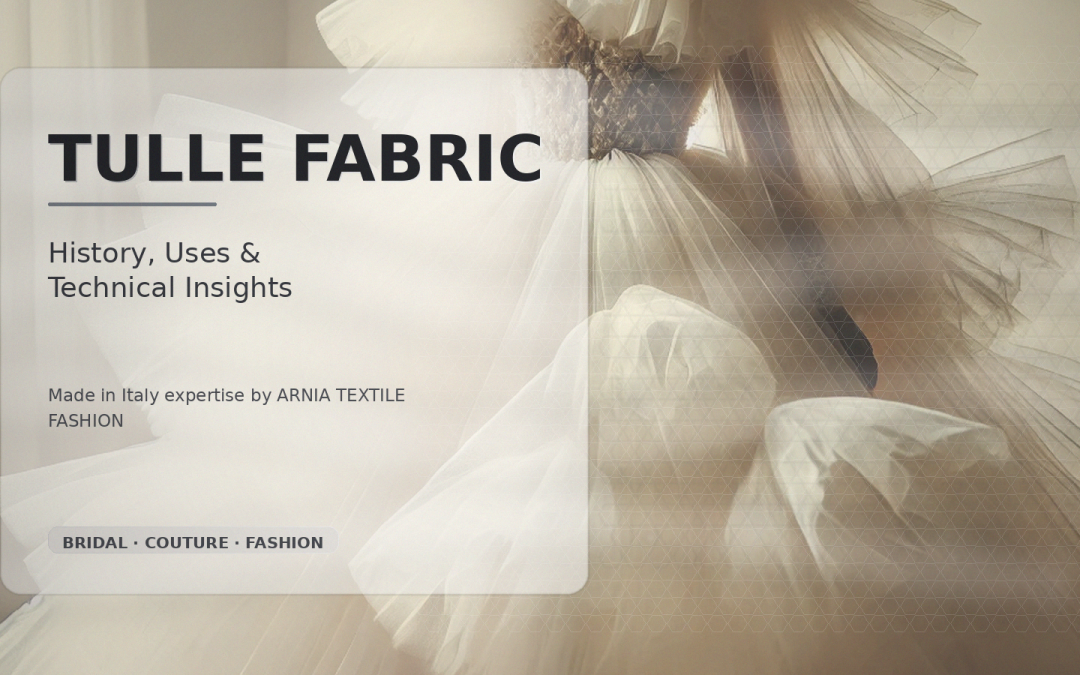 Hero banner about tulle fabric: title 'Tulle Fabric' with history/uses text over a soft layered tulle background.
