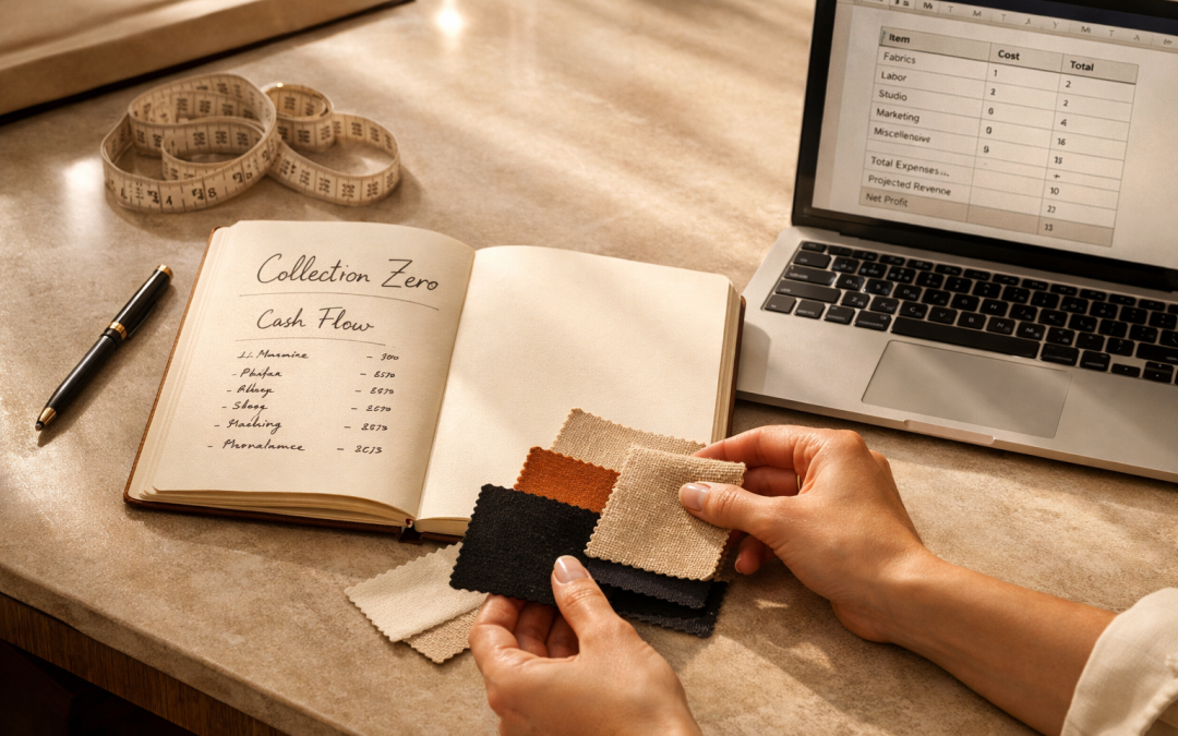 Person holds fabric swatches over an open notebook titled 'Collection Zero Cash Flow' with a measuring tape, pen, and laptop nearby on a workspace.