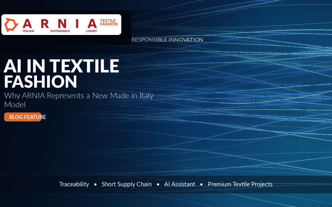 Hero banner with ARNIA logo, large title 'AI IN TEXTILE FASHION' and subtitle 'Why ARNIA Represents a New Made in Italy Model', orange BLOG FEATURE badge over a blue abstract background