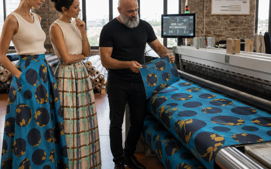 Three people examine blue circular-patterned fabric on a sewing loom in a brick-walled studio; a bearded man holds the fabric for inspection.